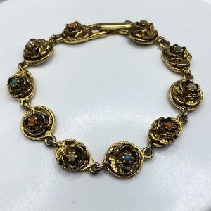 Vintage Goldette Victorian revival antiqued gold flower links bracelet statement